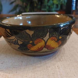 May include: A round ceramic bowl with a tan base colour and a dark brown rim. The exterior features a hand-painted design of dark green leaves and two prominent orange and yellow fruits. The interior of the bowl is a smooth, light tan glazed finish.