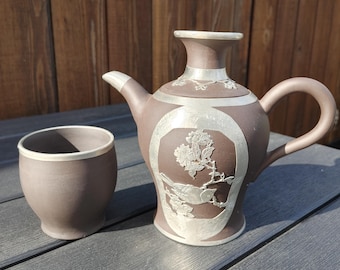 Vintage Yixing Chinese Ceramics Purple Clay Pewter Bird & Flower Design Overlay Teapot and Matching Cup - Ships from Canada