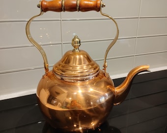 Vintage Brighton Towle Solid Copper Tea Kettle – Brass Wood Handle, Portugal Kitchenware