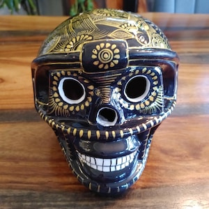 Hand-Painted Mexican Ceramic Sugar Skull | Black & Gold Calavera | Day of the Dead Altar Decor | Authentic Mexican Folk Art Pottery