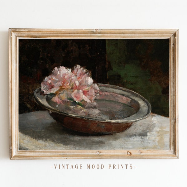 Still life, pink flower blooming in a bowl, 18th Century oil painting, moody colors, vintage bohemian art print, instant download #93