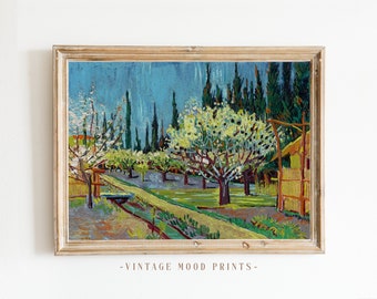 Vintage landscape, Orchard bordered by cypresses, Van Gogh 18th Century painting, colorful post-impressionist art, instant download #107