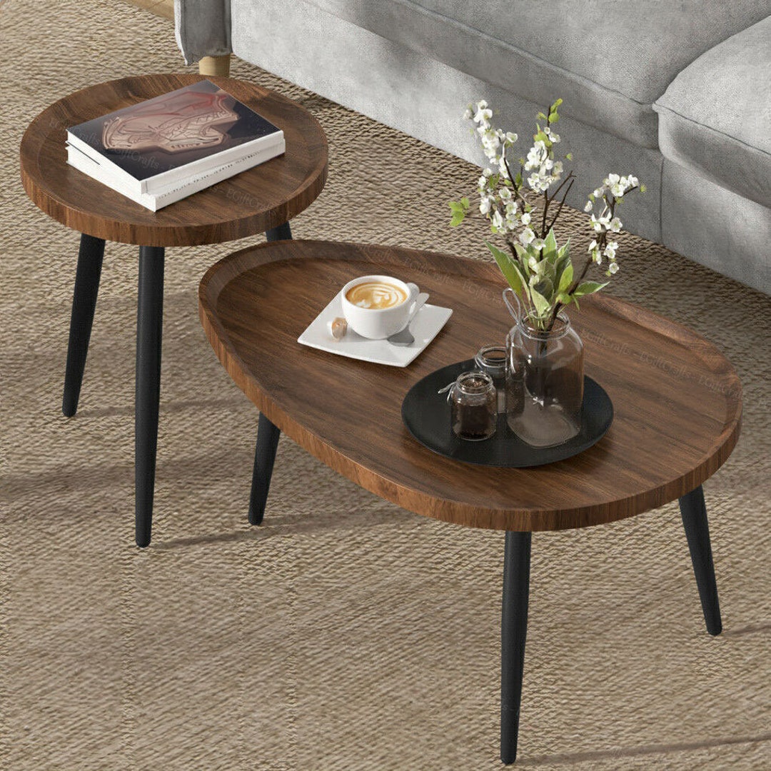 Set of 2 Rustic Round Coffee Tables Modern Nesting Tables Etsy