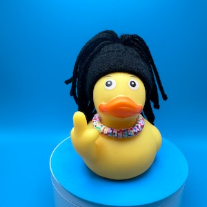 Bad boy duck, flipping the middle finger says it all. Rubber duck for yourself or gift to someone. Handmade yarn hair, unique one if a kind