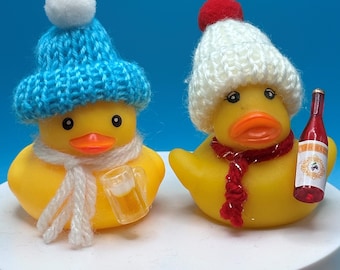 Rubber ducks ready for wintertime with a beer mug or wine bottle, unique and one of a kind.