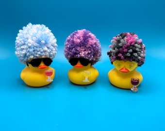 Wine ducks, pom pom hair, rubber ducks. Unique and one of a kind, drinking buddy, wine lover duck, wine drinker