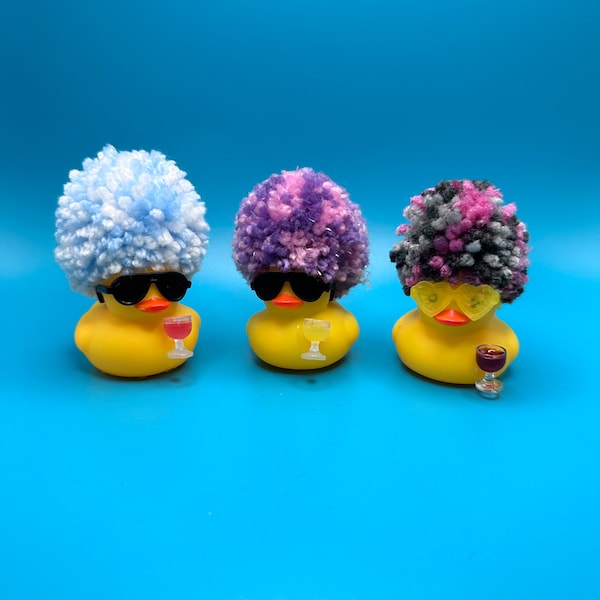 Wine ducks, pom pom hair, rubber ducks. Unique and one of a kind, drinking buddy, wine lover duck, wine drinker