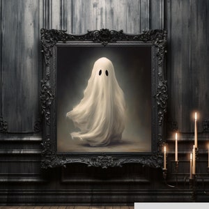 May include: A white ghost with two black eyes is depicted in a framed painting. The painting is set against a dark wood background with a candelabra in the foreground.