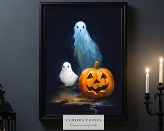 Cute Ghost and Pumpkin Halloween Art Print | Spooky Gothic Decor | Dark Academia | Digital Download | Chroma Prints