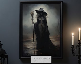 Witch Holding Broomstick Painting | Witch Decor | Halloween Decor | Spooky Poster | Dark Academia | Gothic Victorian | Digital Download