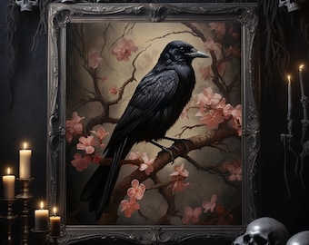 Gothic Victorian Raven Witchy Wall Art Romantic Floral Print Dark Academia Home Decor