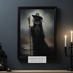 Witch Holding Broomstick Painting | Witch Decor | Halloween Decor | Spooky Poster | Dark Academia | Gothic Victorian | Digital Download