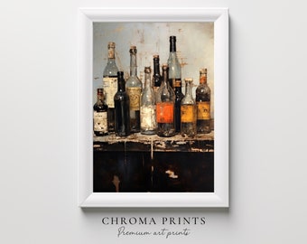 Impresión de arte de botella abstracta de bodegones, estilo de pintura al óleo antiguo, decoración única para bares y restaurantes, impresión digital de arte de botella vintage