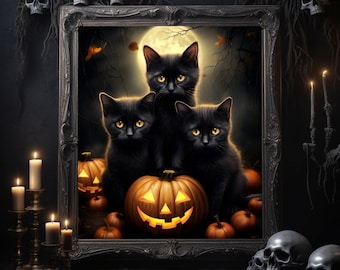 Impresión de arte de gato negro / Cartel gótico vintage / Decoración de Halloween de la Academia Oscura