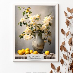 White Flower Vase Art Print | Vintage Kitchen Decor | Lemon Still Life Painting | Digital Download