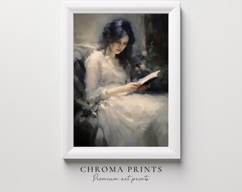 ビクトリア朝の女性の読書油絵、アンティーク 1800 年代の女性の肖像画、ライト アカデミアの壁装飾、アート愛好家へのユニークなヴィンテージ ギフト