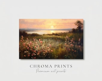 湖に沈む夕日のアートプリント、温かみのある野生の花の風景画、すぐにダウンロードできるプリント、自然愛好家に最適な装飾