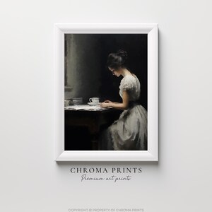 Vintage Portrait of Woman Reading, Dark Antique Digital Print, Unique Wall Decor, Thoughtful Gift for Art Enthusiasts