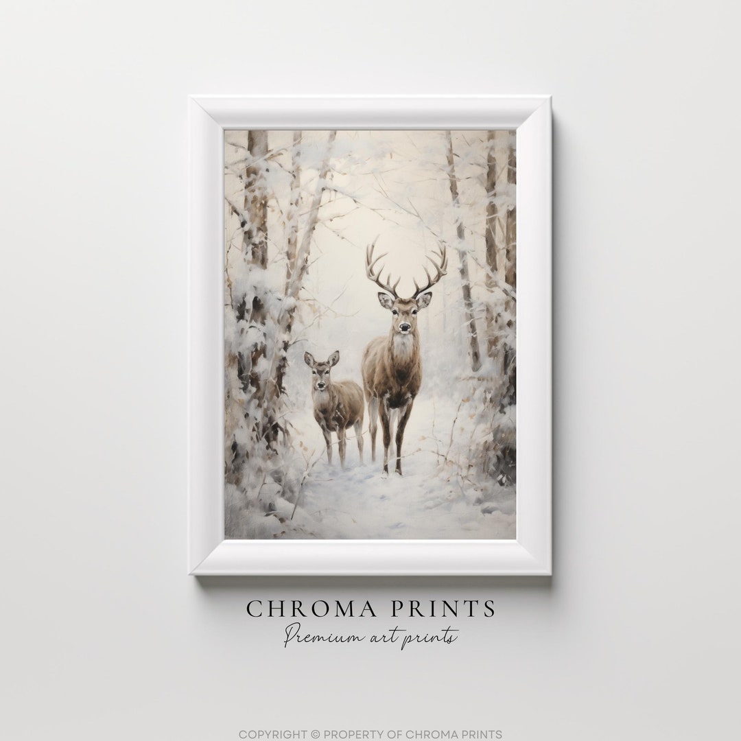Winter Forest Art Print Vintage Style Christmas Deer Holiday Decor ...