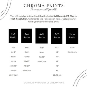 以下が含まれることがあります： 「CHROMA PRINTS」と「Premium art prints」のテキストが入ったデジタルアートプリントの広告。画像には、4x6インチ、8x12インチ、40x50cmなど、さまざまなアスペクト比とサイズが表示され、対応するメートル法による測定値も示されています。