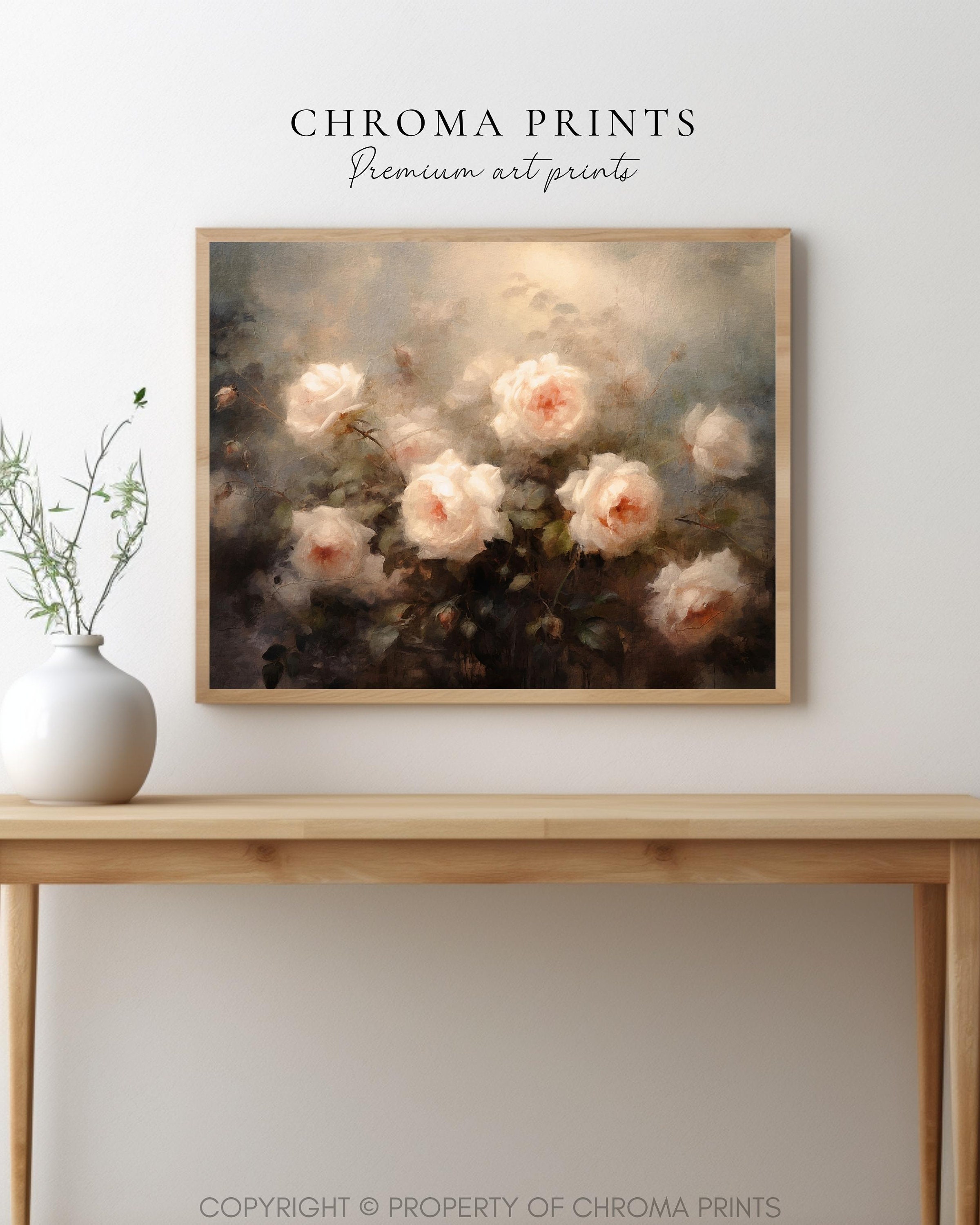 White Rose Artwork, Rose Garden Oil Painting, Moody Floral Art Digital ...