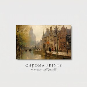 May include: A painting of a canal scene in a European city. The buildings are old and have a traditional style. The canal is narrow and lined with trees. There are people walking along the canal and a boat in the water. The sky is overcast and the scene is bathed in a soft, warm light.