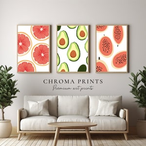 Three Piece Kitchen Wall Art Set | Kitchen Decor | Food Poster | Avocado, Grapefruit, Papaya Print | Digital Print | Minimalist Artwork