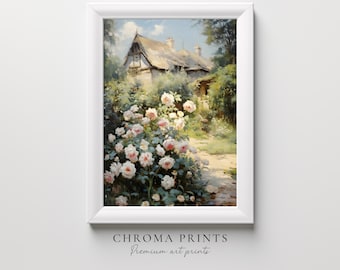 ローズガーデンの絵画 | コテージのアートワーク | アンティークオイルフローラルアート | ピンクの植物プリント