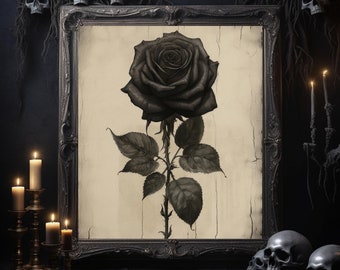 Black Rose Painting Print | Vintage Artwork | Gothic Victorian | Dark Academia | Wall Decor