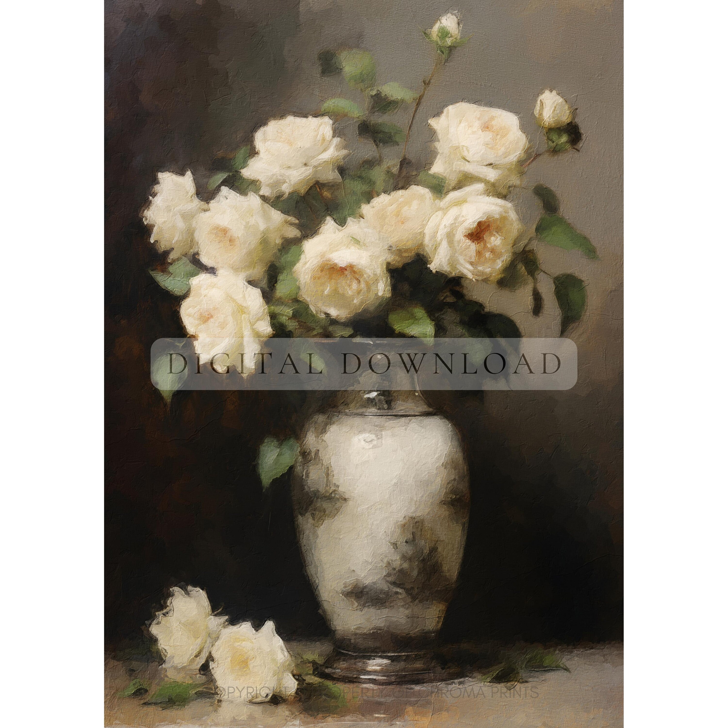 White Flowers in Vase Art Digital Print, Vintage Still Life Painting ...