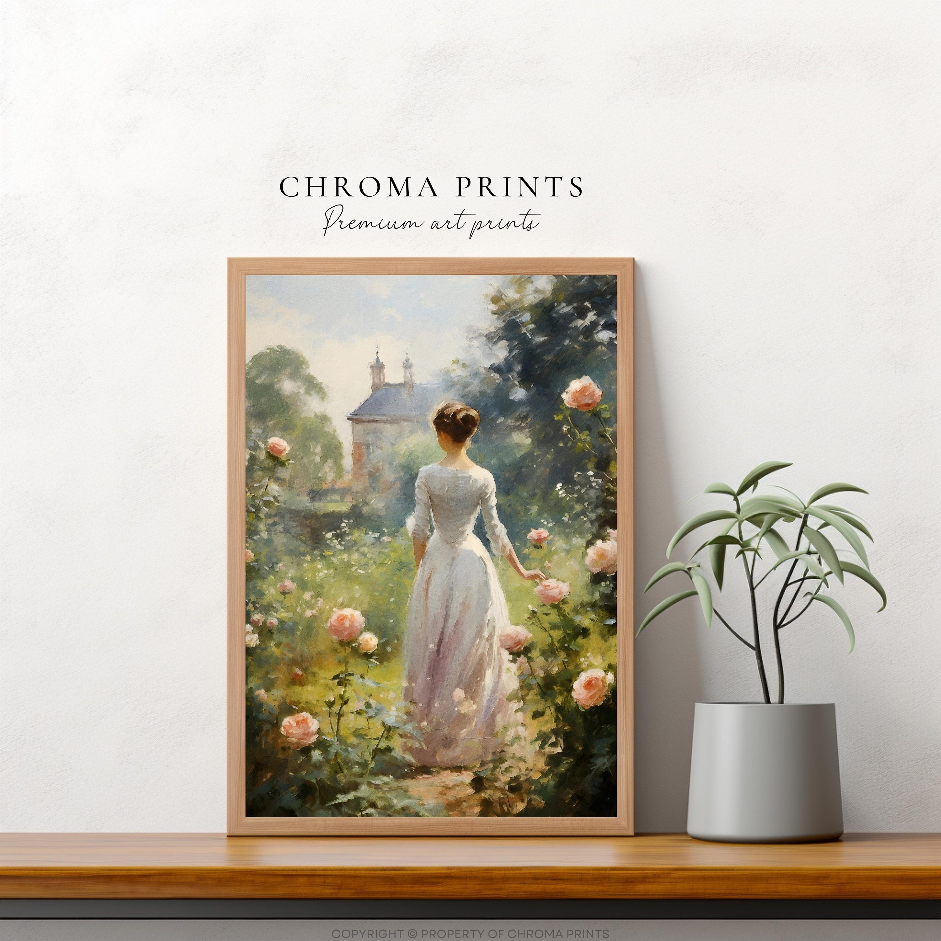 Antique Oil Painting of Woman in Rose Garden - Bright & Colorful ...