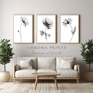 Minimalist Botanical Flower Prints Set, Black and White Nature Art, Digital DOWNLOAD, Modern Wall Decor