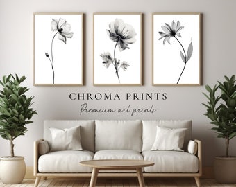 Minimalist Botanical Flower Prints Set, Black and White Nature Art, Digital DOWNLOAD, Modern Wall Decor