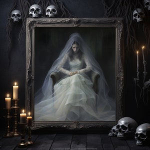 Gothic Bride Art Print Victorian Haunted Mansion Dark Academia Wall Decor for Spooky Home Aesthetic