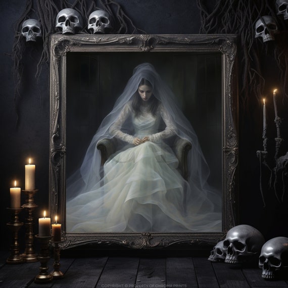 Gothic Bride Art Print Victorian Haunted Mansion Dark Academia Wall Decor for Spooky Home Aesthetic