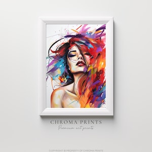 Vibrant Abstract Female Portrait, Bold Colorful Digital Print, Stylish Apartment Decor