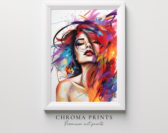 Vibrant Abstract Female Portrait, Bold Colorful Digital Print, Stylish Apartment Decor