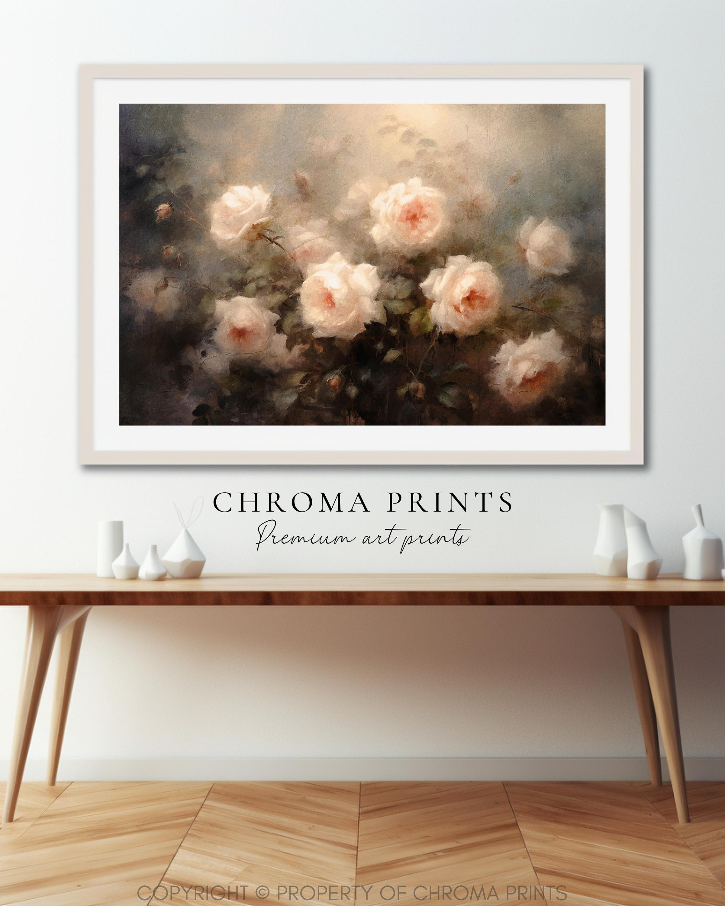 White Rose Artwork, Rose Garden Oil Painting, Moody Floral Art Digital ...