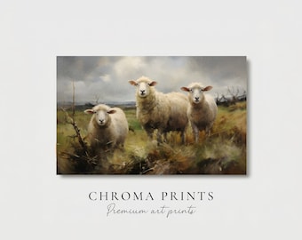Charming Sheep Painting, English Countryside Landscape Print, Farmhouse Wall Art, Digital PRINT for Country Home Decor Gift
