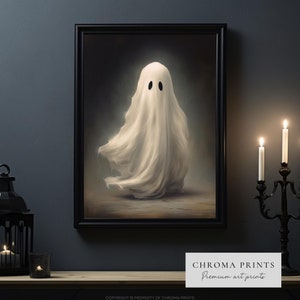 May include: A white ghost with two black eyes is depicted in a painting. The ghost is standing on a dark brown floor. The painting is framed in black.