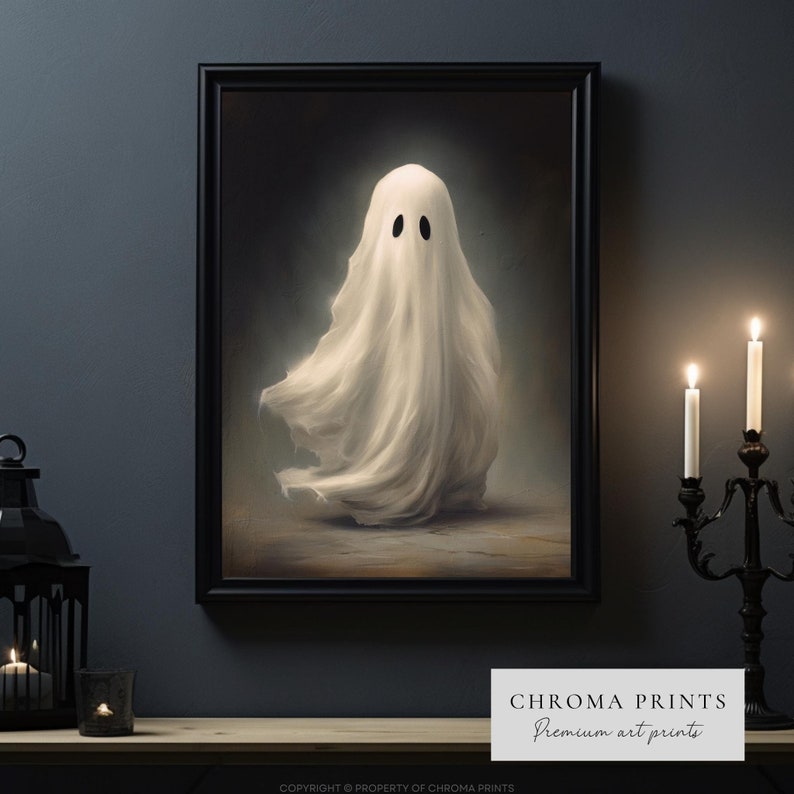 May include: A white ghost with two black eyes is depicted in a painting. The ghost is standing on a dark brown floor. The painting is framed in black.