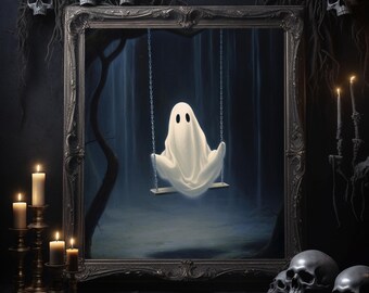 Ghost On The Swing Poster | Cute Spooky Gothic Art Print | Dark Academia Decor | Abandoned Art | Sheet Ghost Face
