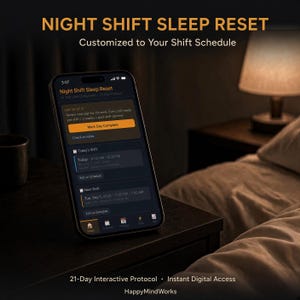 May include: A smartphone displaying the Night Shift Sleep Reset app interface with a dark theme. The screen shows a 21-day protocol, shift schedule details, and a Mark Day Complete button. Text includes Night Shift Sleep Reset and HappyMindWorks.