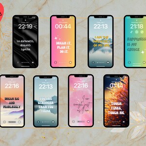May include: A set of eight phone wallpapers featuring inspirational quotes and a range of backgrounds, including a black and white abstract design, a pink and blue gradient, a mountain range, and a field of tall grass. The quotes include "Dream Big and Fearlessly", "You Are Stronger Than You Think", "I Am The Architect Of My Life", "Happiness Is My Choice", "Dream It, Plan It, Do It", "I Am Enough Just As I Am", "In Darkness, Dreams Ignite", and "Tough Times, Tough Me."