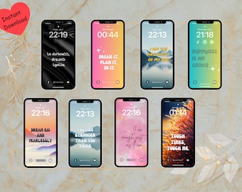 Puede incluir: Un conjunto de ocho fondos de pantalla para teléfono con citas inspiradoras y una variedad de fondos, que incluyen un diseño abstracto en blanco y negro, un degradado rosa y azul, una cordillera y un campo de hierba alta. Las citas incluyen "Sueña en Grande y Sin Miedo", "Eres Más Fuerte de Lo Que Piensas", "Soy el Arquitecto de Mi Vida", "La Felicidad Es Mi Elección", "Sueña, Planea, Hazlo", "Soy Suficiente Tal Como Soy", "En la Oscuridad, los Sueños se Encienden", y "Tiempos Difíciles, Sé Fuerte."