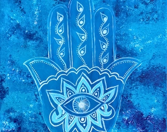 Niebieska ceramiczna podstawka z dłonią Hamsy | Boho Home Decor I Yoga Gift