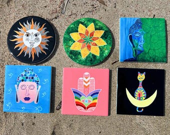 ZESTAW 6 ceramicznych podstawek z mandalą – Mix & Match Boho Home Decor I Prezent na jogę i uważność