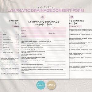 Formulaires de consentement pour l'apport et le drainage lymphatique | Modèle complet de formulaire de consentement du client pour les esthéticiennes | Formulaire de consentement personnalisable