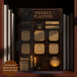 The Dark Academia Organizer is tucked onto a dark wooden bookshelf surrounded by books. This Witchy Weekly Schedule design features daily planning boxes, a quote section, and a raven on top of a stack of old books.