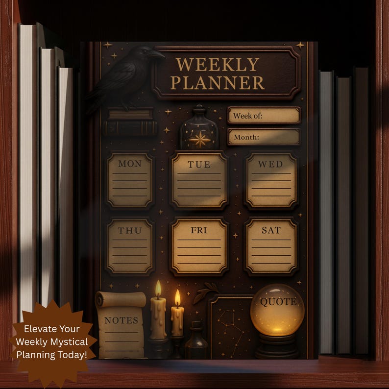 The Dark Academia Organizer is tucked onto a dark wooden bookshelf surrounded by books. This Witchy Weekly Schedule design features daily planning boxes, a quote section, and a raven on top of a stack of old books.